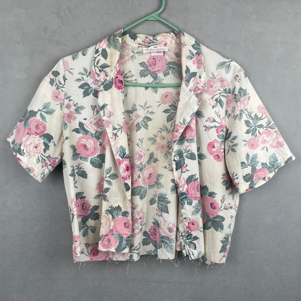 VTG Lady L 60s 70s USA Union Label Floral Cropped Button Down Shirt Pink Cream S